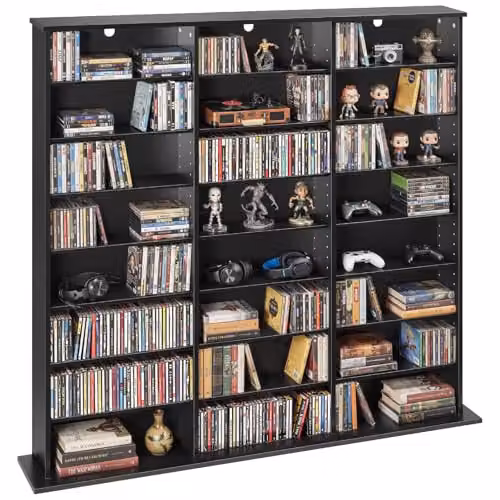 Mueble de almacenamiento multimedia VEVOR negro con estantes ajustables y compartimentos para CD, DVD y libros, An/P/Al: 142 x 22 x 130 cm