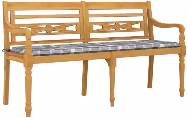 Banco Batavia SYFAX de madera de teca con cojines de patrón a cuadros grises An: 150 cm