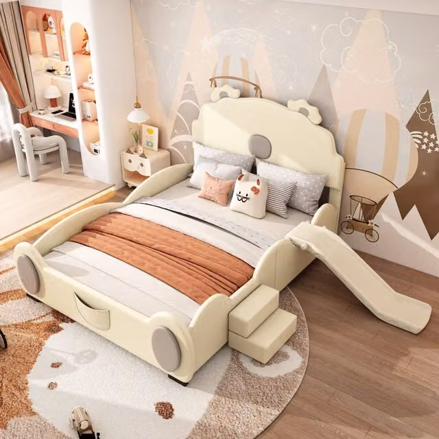 Cama infantil con diseño de cabaña y forma de oso MODENVIE con tobogán y escalera, color beige, An/P/Al: 200 x 140 x 110 cm