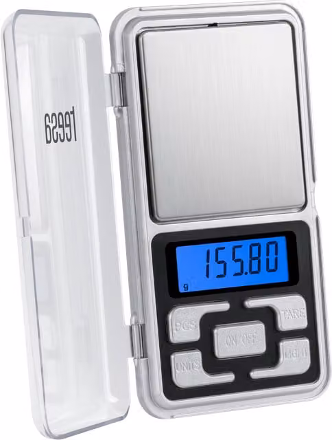 Balanza de precisión digital Teesa de 0,01 g para joyería, cocina y hogar en acero inoxidable color plata con pantalla iluminada