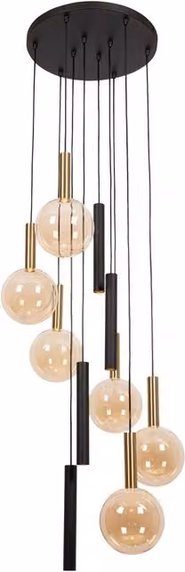 Lámpara colgante Lucide Josiane en color negro con detalles en cristal transparente, ideal para techos altos y dobles alturas, Diámetro: 55 cm
