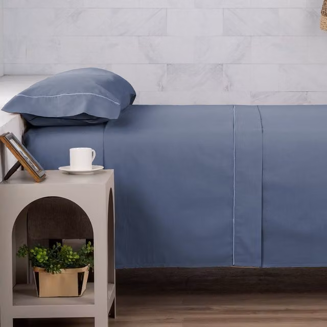 Juego de sábanas de algodón Manterol azul para adultos con funda de almohada y sábana bajera de 160x200 cm