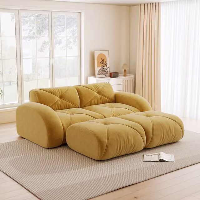 Sofá Modular de Dos Plazas Kellany con Dos Otomanas en Color Amarillo y Tapizado de Chenille o Terciopelo