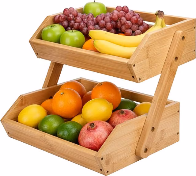 Frutero de 2 niveles de bambú y hierro relaxdays en color marrón, An/P/Al: 26,5 x 30 x 25 cm