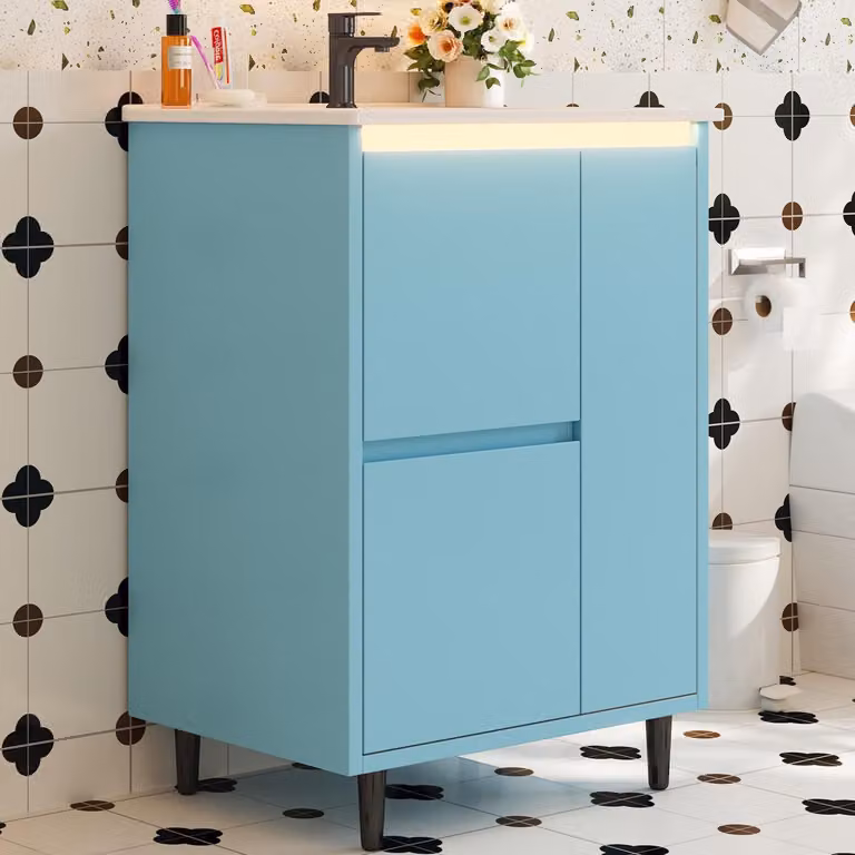 Mueble de baño OKWISH azul con lavabo integrado, 2 cajones y diseño moderno con patas elevadas