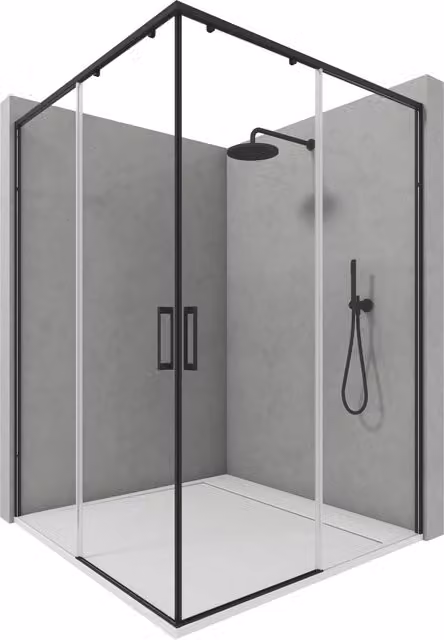 Mampara de ducha rectangular Nebadoon con 2 puertas correderas y 2 paneles fijos, cristal templado de 6 mm con tratamiento antical y perfilería en negro mate, An/P/Al: 87,5-90 x 117,5-120 x 195 cm