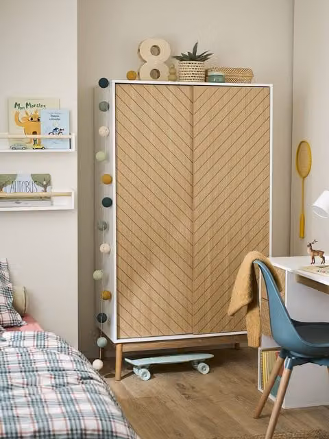 Armario de 2 puertas correderas VERTBAUDET en color marrón efecto madera de fresno con estantes y barra de colgar, An: 100 cm, P: 50 cm, Al: 175 cm