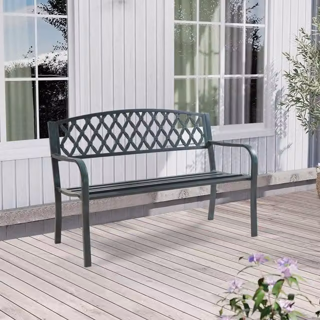 casa.pro Banco de Jardín Exterior Opsasar de 3 Plazas con Diseño Clásico y Reposabrazos en Acero Gris Oscuro con Pátina Verde An/P/Al: 127 x 54 x 88 cm