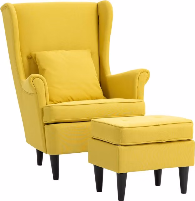 Sillón orejero moderno HOMCOM con otomana, tapizado en tela y patas de madera de caucho, color amarillo