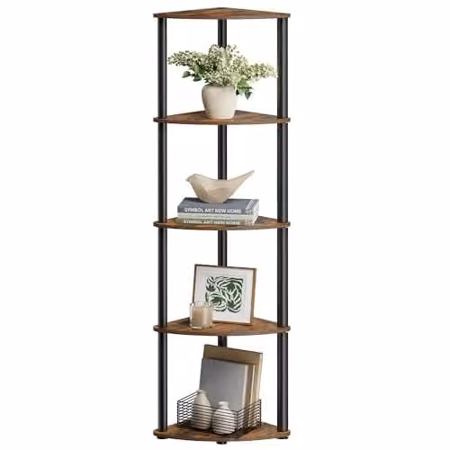 Estantería esquinera Songmics Home de 5 niveles con montaje rápido sin herramientas, diseño minimalista en marrón y negro, An/P/Al: 38,3 x 27 x 139 cm