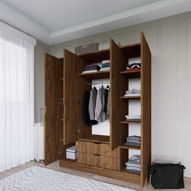 Armario de dormitorio DMORA con puertas correderas, estantes internos, cajones y perchero, color marrón nogal, An: 140 cm, Al: 182 cm