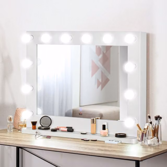 Espejo de maquillaje estilo Hollywood con 12 LED, pantalla táctil y brillo ajustable en color blanco y cristal