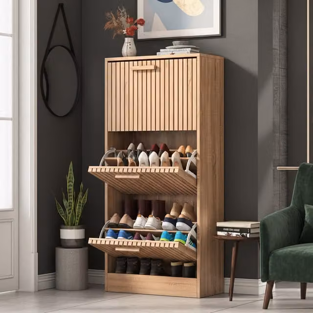 Zapatero NAHILIMI de estilo escandinavo con puertas abatibles y ventilación, color marrón y beige, An/P/Al: 60 x 24 x 113 cm