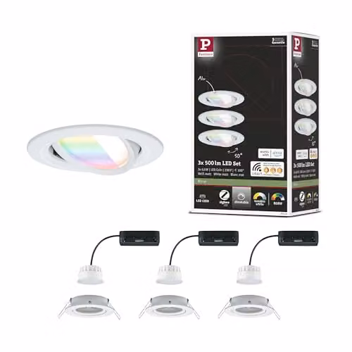 Juego de 3 focos empotrados Paulmann Nova Smart RGBW en aluminio color blanco con tecnología LED y control Zigbee para salón o cocina, Diámetro: 8,4 cm