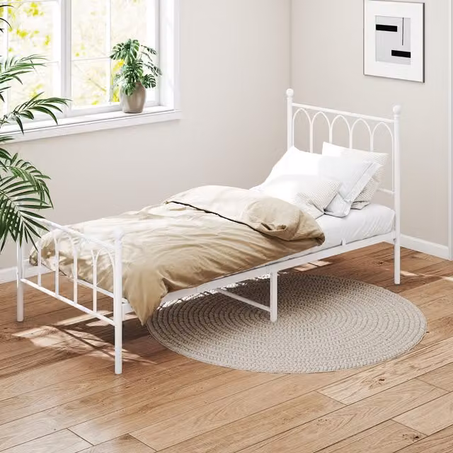 Cama Juvenil Industrial BEAOK de Metal Blanca con Cabecero Decorado y Somier de Láminas An/P/Al: 90 x 200 x 102,5 cm
