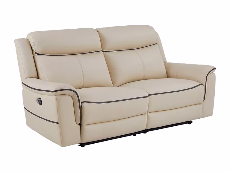 Sofá de 3 plazas eléctrico ADELIO tapizado en cuero color beige con carga USB y motor por asiento