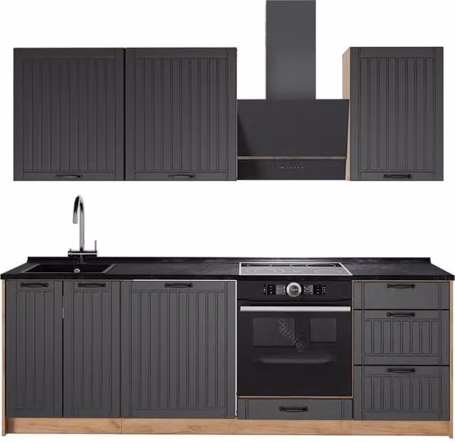 Mueble de cocina Vicco Fame-Line en gris oscuro y roble dorado con puertas de cierre suave y cajones, An/P/Al: 230 x 60 x 85 cm