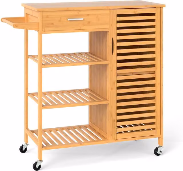 Carrito de cocina móvil NORTHIO de bambú y madera con cajón y estantes, color marrón y beige, diseño moderno con ruedas