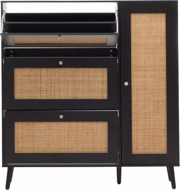 Armario Zapatero Apatero de DECOSHOP26 con 3 Compartimentos Abatibles y 2 Estantes en Madera de Melamina Negra y Ratán Kubu Natural, Al 127 cm x An 120 cm x P 24 cm