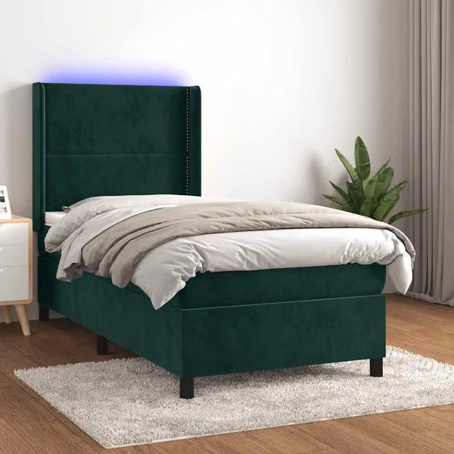 Cama Box Spring Maison Exclusive con Colchón de Muelles Ensacados, Iluminación LED y Puerto USB, Terciopelo Verde Oscuro, An/P/Al: 90 x 200 cm