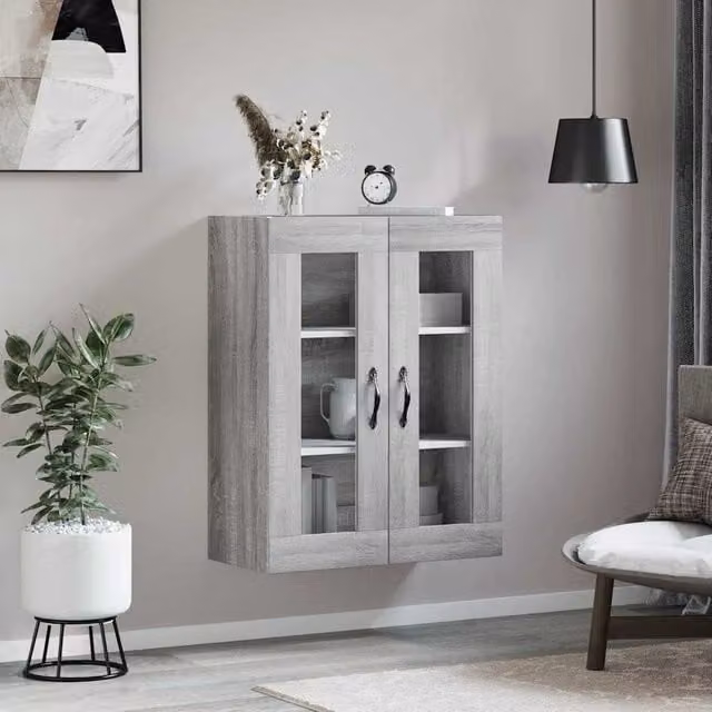 Armario de pared SYFAX en madera de color gris sonoma con puertas batientes y estantes internos, An: 69,5 cm, P: 34 cm, Al: 90 cm
