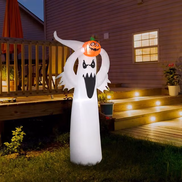 Fantasma inflable de Halloween HOMCOM con luces LED en blanco y naranja, fabricado en poliéster, An/P/Al: 80 x 40 x 180 cm