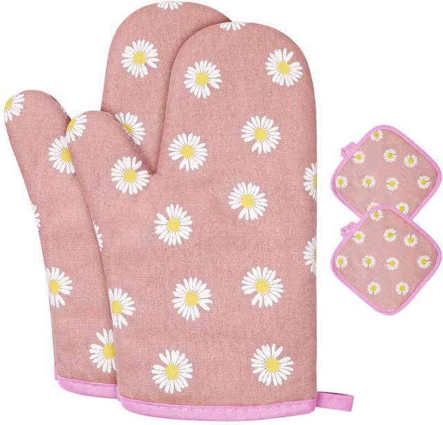 Guantes de cocina de algodón XISRENS con 2 manoplas antideslizantes y resistentes al calor en color flores azules