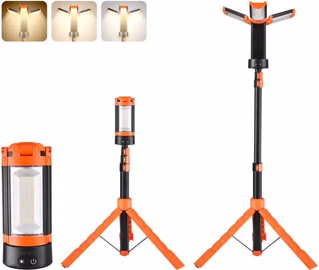 Foco LED de trabajo Vevor con trípode desmontable y batería recargable, 2200 lm, color negro, IP65, con temperatura de color regulable y altura ajustable