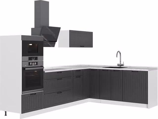Cocina esquinera Vicco Fame-Line en gris oscuro y blanco, An/P/Al: 287 x 207 x 60 cm