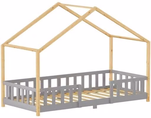Cama para niños Treviolo de en.casa con forma de casa en madera de pino, color gris claro y beige, An/P/Al: 90 x 200 x 120 cm