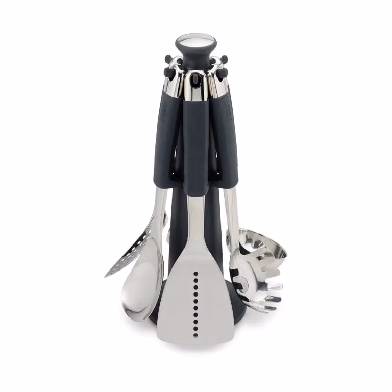 Set de 6 utensilios de cocina Joseph Joseph Elevate con carrusel redondo en acero inoxidable y silicona negra resistente al calor