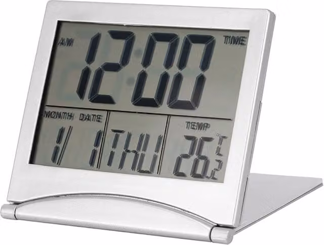 Reloj Despertador Digital XISRENS Plegable con Termómetro y Pantalla de Fecha para Mesa en Negro y Plata