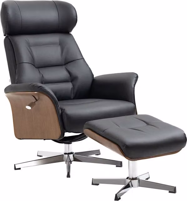 Sillón relax giratorio con otomana NORTHIX en piel sintética negra y reposacabezas ajustable