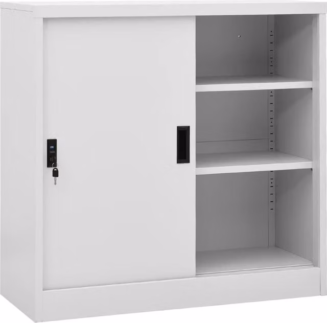 Armario de oficina vidaXL con puertas correderas y estantes ajustables en metal gris, An/P/Al: 90 x 40 x 90 cm
