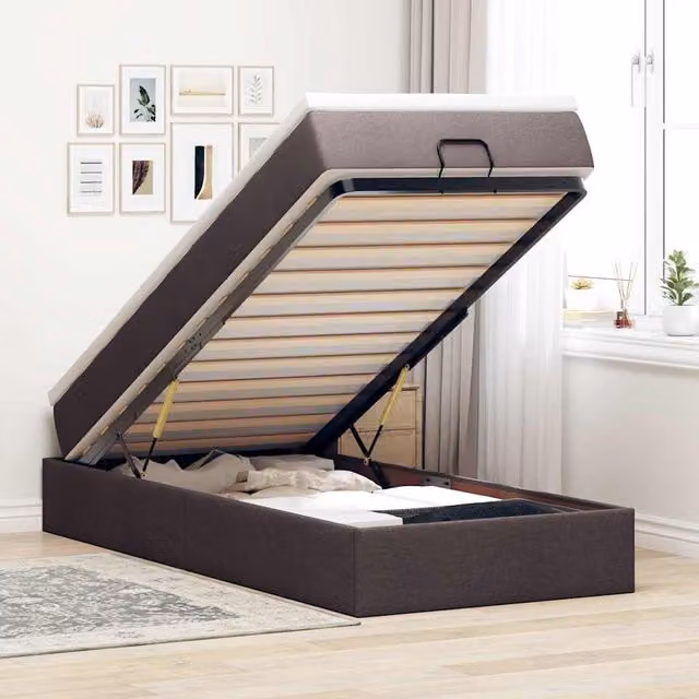 Estructura de cama otomana con base abatible Maison Exclusive en tela marrón y blanco, An/P/Al: 90 x 190 x 23.5 cm