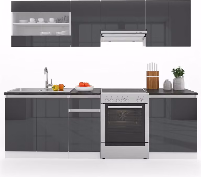 Mueble de cocina Vicco R-Line de diseño moderno en acabado alto brillo color antracita y blanco, An/P/Al: 240 x 46 x 82 cm