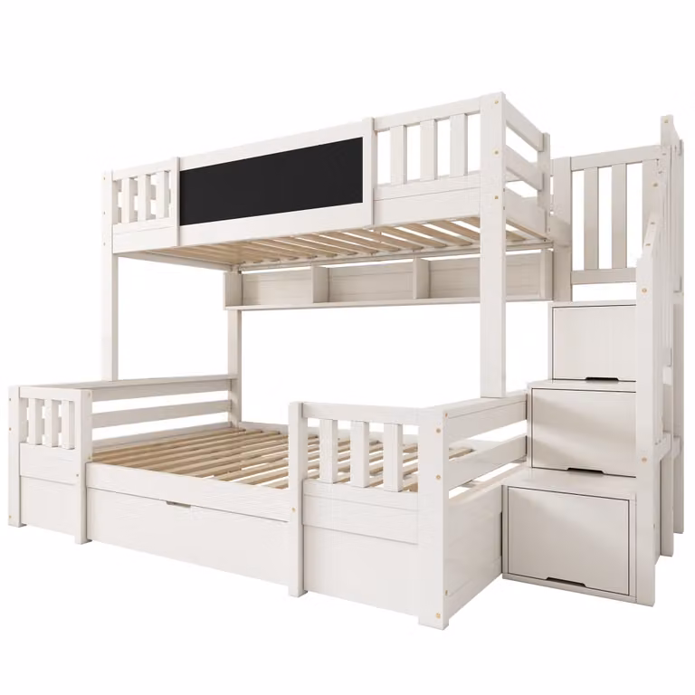 Litera infantil OKWISH de madera blanca con escalera con almacenamiento, estanterías, cajón y pizarra, medidas 90x200 cm y 140x200 cm