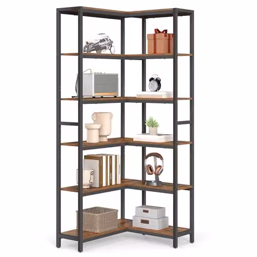 Librería esquinera de 6 niveles VASAGLE de estilo industrial en marrón y negro, An/P/Al: 102 x 24 x 175,2 cm