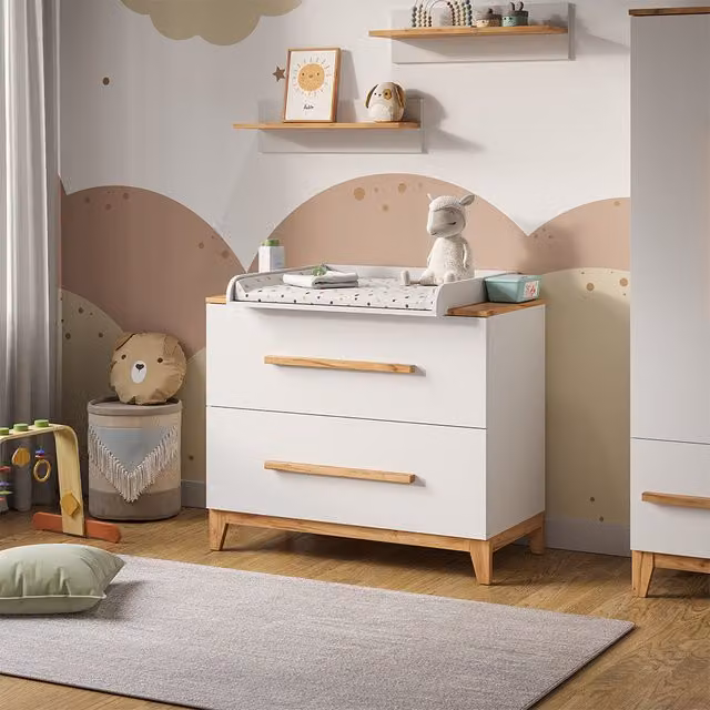 Cambiador Malia Vitalispa en blanco y roble con 2 cajones, An/P/Al: 108 x 43,3 x 98 cm