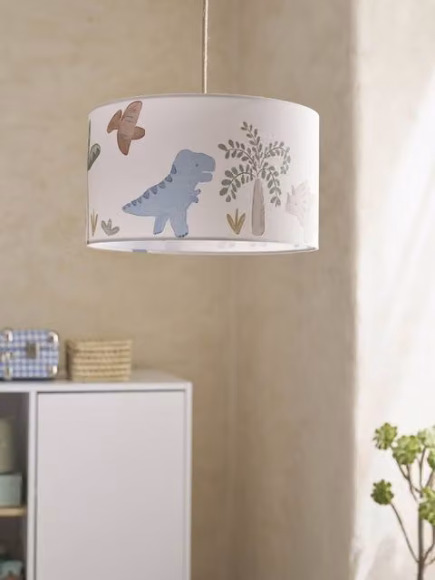 Pantalla para lámpara de techo MINISAURUS de VERTBAUDET en color beige y forma cilíndrica de metal y textil para casquillo E27
