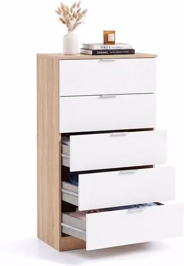 Cómoda alta de 5 cajones Duehome en blanco y roble An/P/Al: 60 x 40 x 110 cm