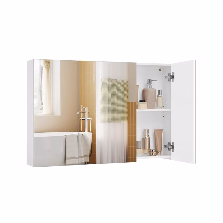 Armario de pared para baño y pasillo VASAGLE con espejo y puertas de cristal, estilo moderno, blanco, An/P/Al: 90 x 15 x 60 cm