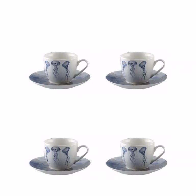 Set de 4 tazas de café con platos modelo medusa de Aulica en porcelana color azul
