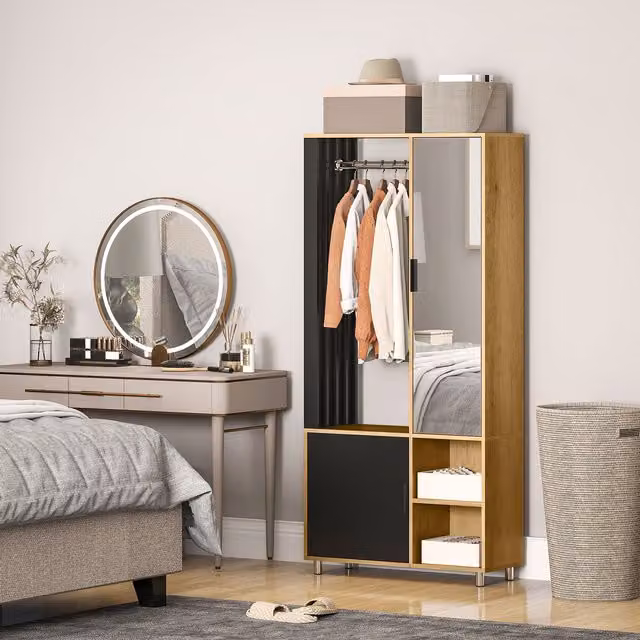 Armario moderno HOMCOM de madera con puertas de cristal, espejo en la puerta, barra para colgar y estantes internos en color negro
