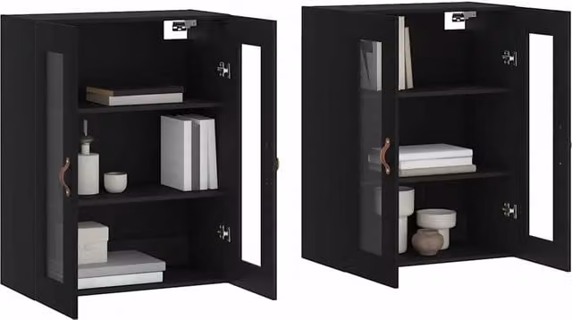 Set de 2 armarios de pared SYFAX en madera y cristal con puertas de vidrio, color negro mate y diseño moderno