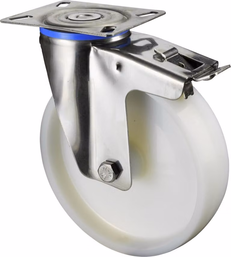 Rueda giratoria BS modelo A90 con freno total y placa atornillable de plástico blanco, diámetro 125 mm y capacidad de carga 130 kg