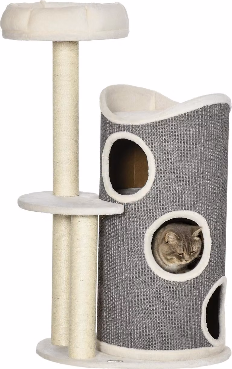 Árbol para gatos Northio con cama tipo cueva y postes de sisal, color blanco y gris, Altura: 109 cm
