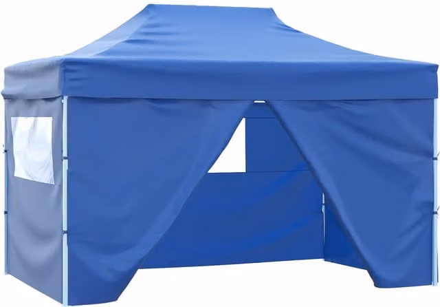 Carpa de fiesta SYFAX azul y blanca con estructura de acero y techo gable, An/P/Al: 291 x 431 x 315 cm