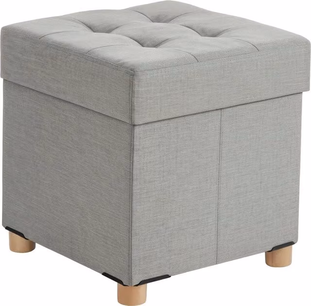 Taburete de almacenaje cuadrado acolchado Relaxdays con patas de madera y efecto lino, gris, An/P/Al: 38 x 38 x 38 cm