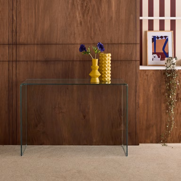 Consola rectangular de cristal Glintz en color transparente y gris, An/P/Al: 110 x 35 x 75 cm